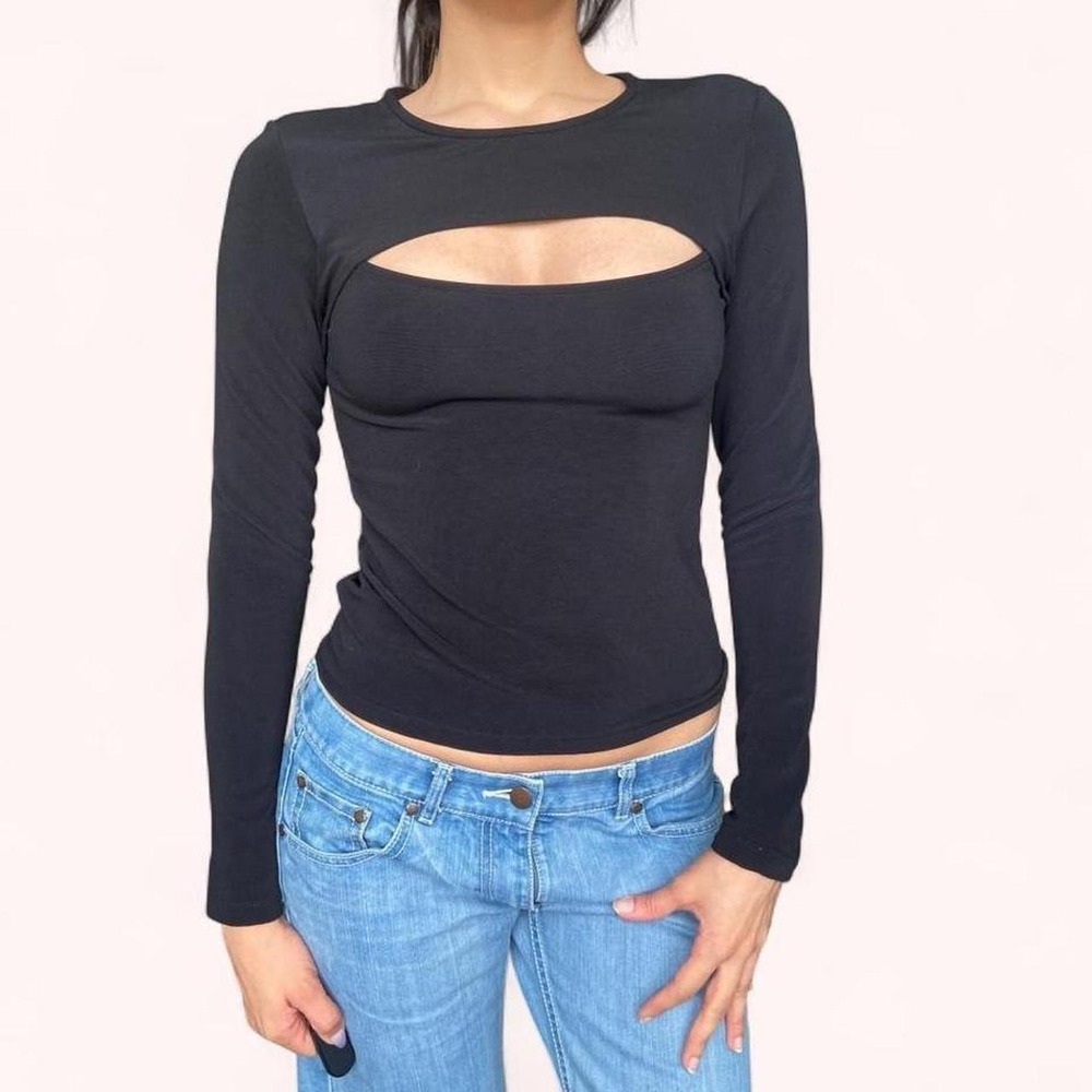 Vintage Zara Black Minimalist Cut Out Top Subversive Alternative Long Sleeve